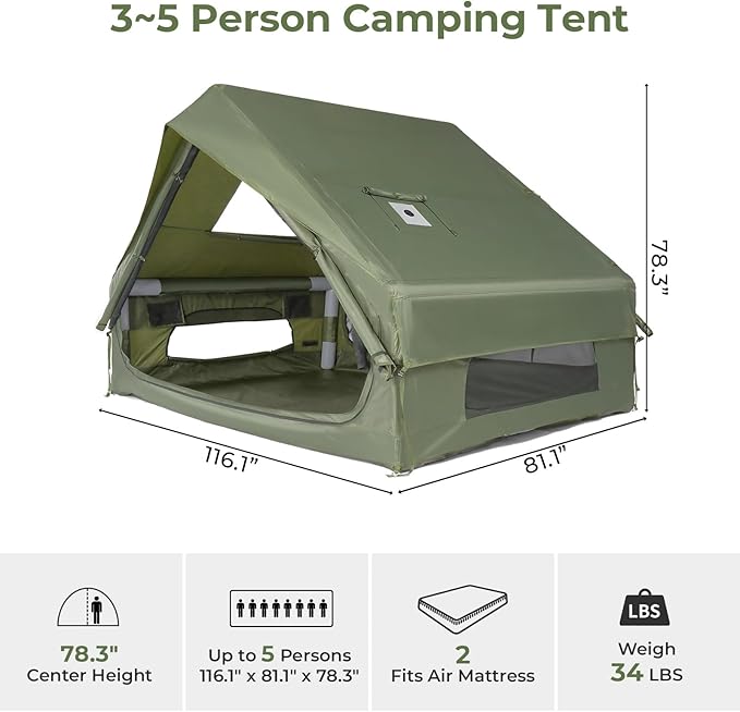 VINGLI Inflatable Camping Tent, All-Weather Inflatable Hot Tents with Stove Jack, Blow Up Tent for Camping with Mesh Doors & Windows, Inflatable Air Tents for Camping Adult
