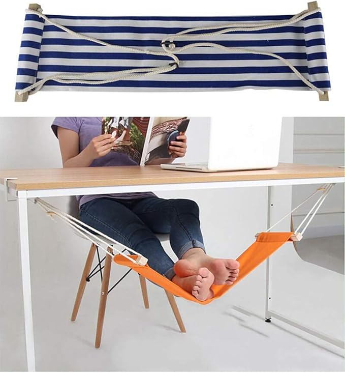 Home-organizer Tech Portable Adjustable Foot Hammock for Corner Desk Office Foot Rest Mini Under Desk Foot Rest Hammock for Home, Office, Airplane, Travel, Study and Relaxing (Blue White Strip)