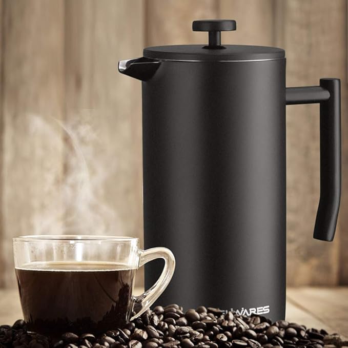 Belwares French Press Coffee Maker - Large 50oz 6-Cup, 304 Stainless Steel Coffee Press, Double Wall Insulated Heat Retention, 4-Level Filtration for Smooth Ground-Free Coffee, 2 Extra Filters, Black