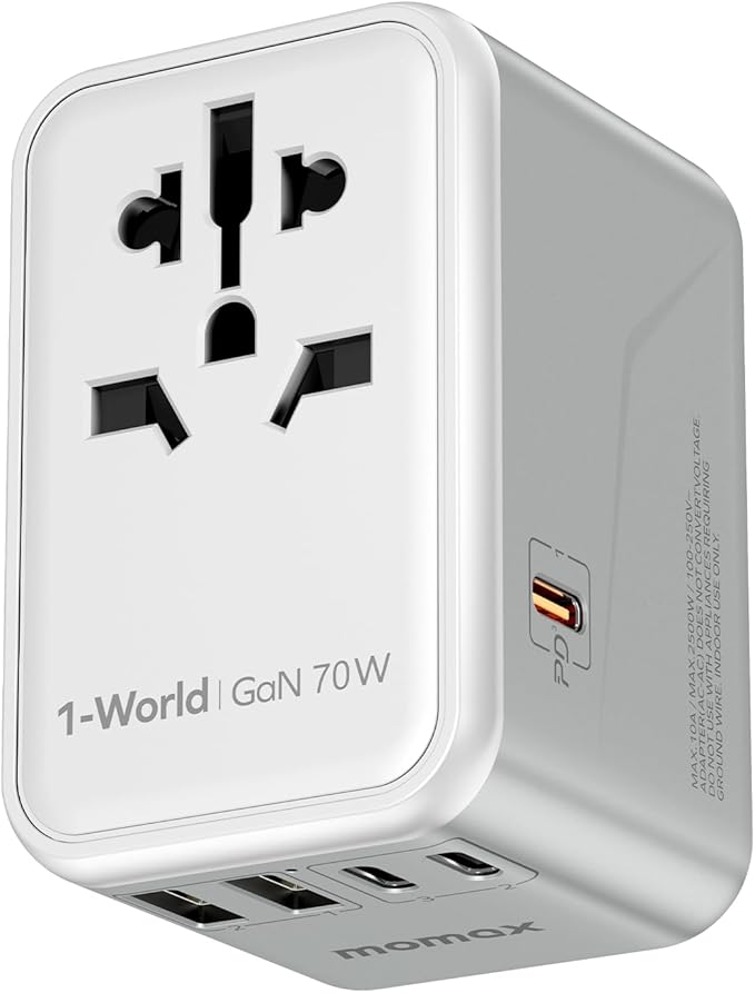MOMAX Universal Travel Adapter 70W GaN, 3 USB-C PD & 2 USB-A QC, International Power Adapter Outlet, 6-in-1 Wall Charger for Laptop, Phone, European Travel Plug Adapter for UK/US/AUS/JP