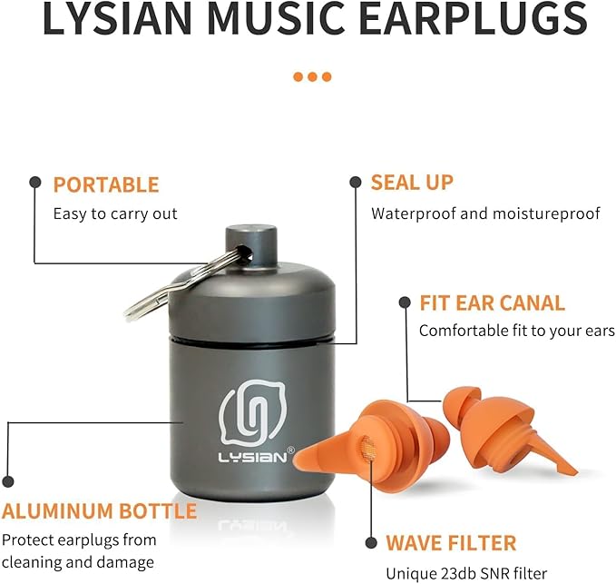 LYSIAN High Fidelity Concert Ear Plugs, 23dB Noise Reduction Musician Earplugs for Concerts, Festivals & Raves, Reusable Soft Earplugs with Aluminum Case, 2 Pairs Orange