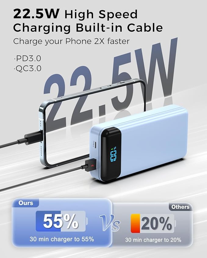 Portable Charger 40000mAh Power Bank - PD 22.5W Fast Charging Battery Pack, Built-in Cable Phone Charger 4 Output 3 Input, Compatible with iPhone 16 15 14 13 Android Samsung(Blue)