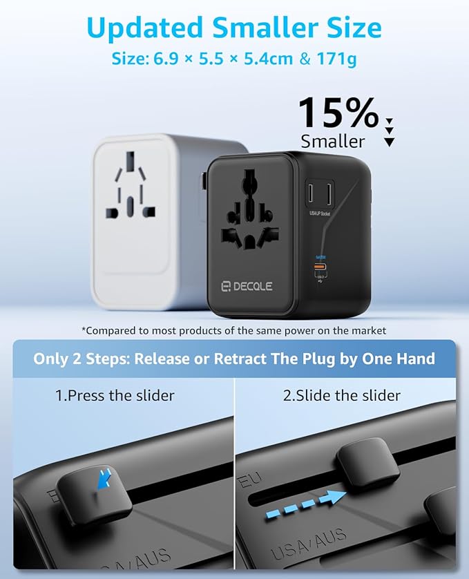 Universal Travel Adapter, International Travel Plug Adapter with 3 USB-C ＆ 2 USB-A Ports 70W, All in One Portable Socket, for USA, UK, EU, AU ＆ 224+ Countries (Black)