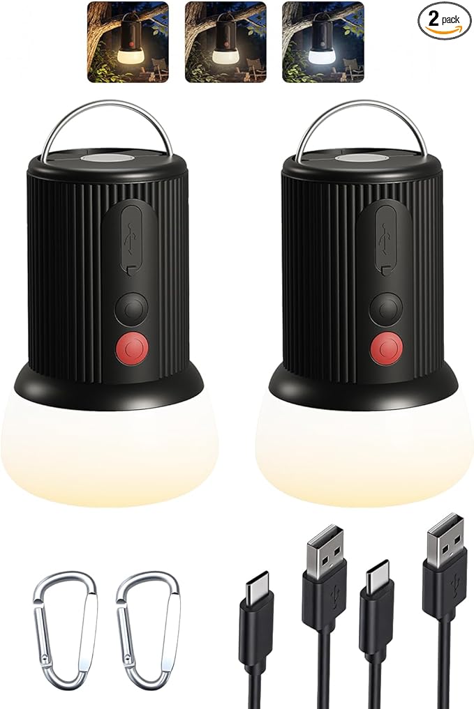 LED Rechargeable Camping Lantern with Hook - 6000mAh Emergency Outdoor Camping Lights, IPX5 Water Resistant Portable Tent Lights for Hiking, Backpacking, Fishing, Outages (Black 2Pack)