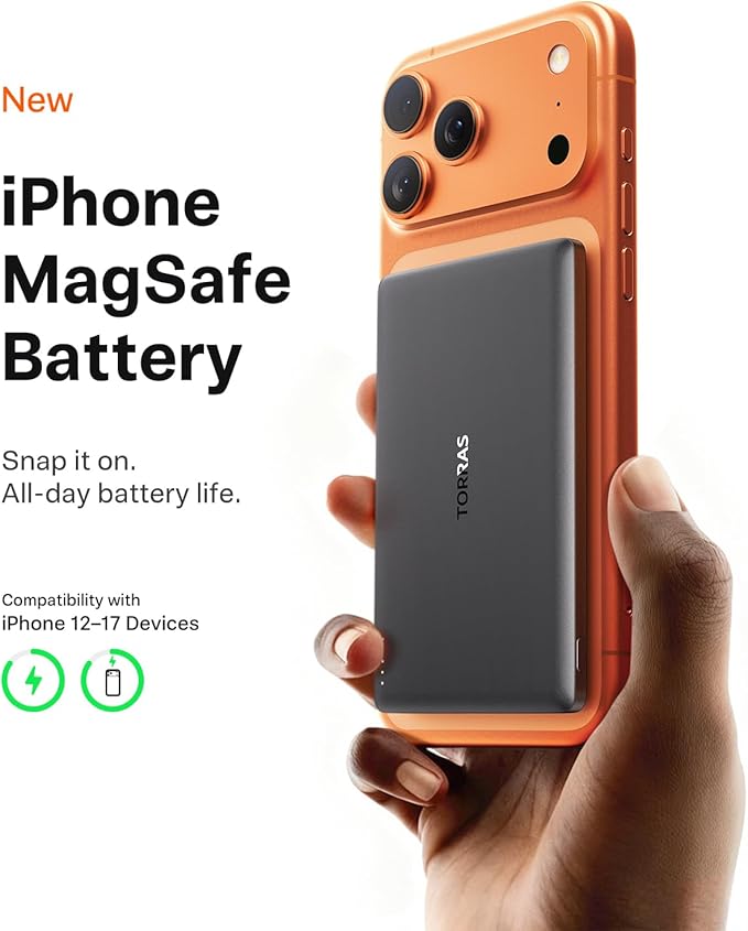 TORRAS MiniMag Power Bank, Ultra Slim 5,000mAh Wireless Portable Charger with USB-C Cable, Fast Charging iPhone Air Magnetic Battery Pack, Compatible for iPhone 17/16/15/14/13/12, Glacier Gray