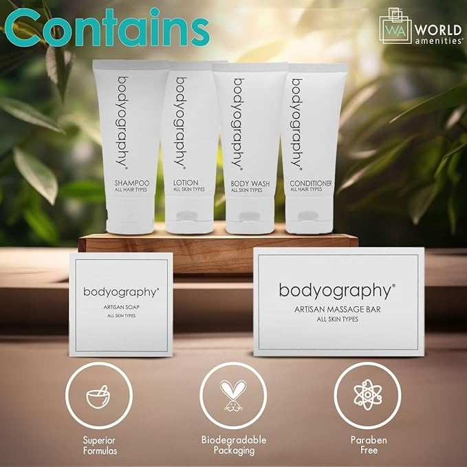 World Amenities - Bodyography Blanc Mini Travel Size Toiletries Bathroom Kit | Vanilla White Tea| Shampoo, Conditioner, Body Wash, Lotion, Artisan Soap and Massage Bar