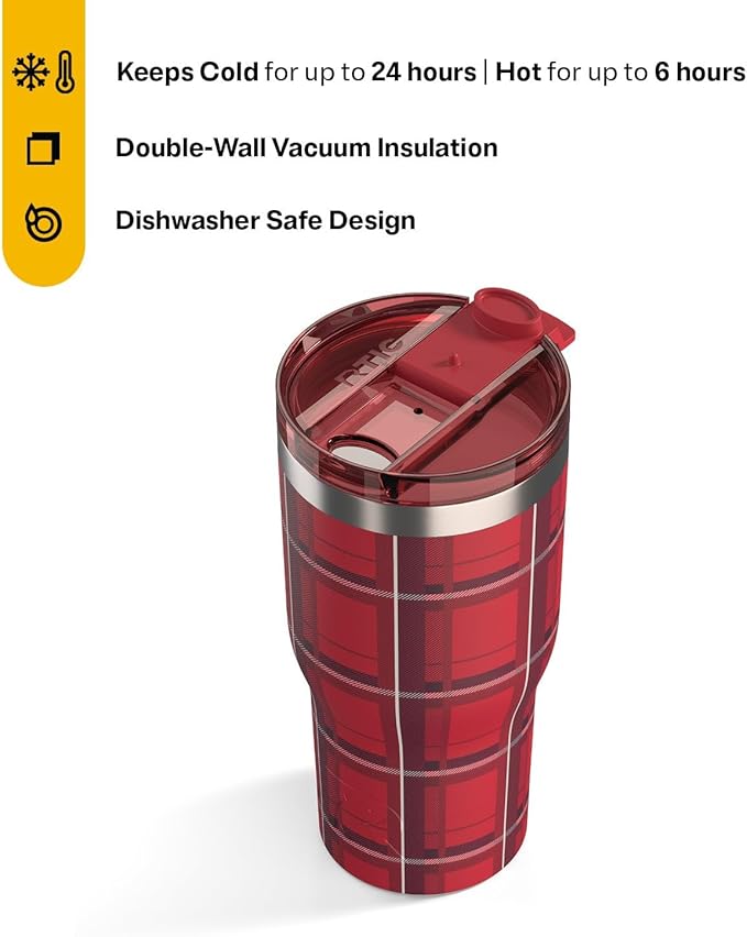 RTIC 30oz Essential Tumbler with Lid, Ceramic Lined, Insulated, Stainless Steel, Metal, Double Wall Vacuum-Insulation, Travel Cup for Iced Coffee, Tea, Hot and Cold Drink, Red Plaid