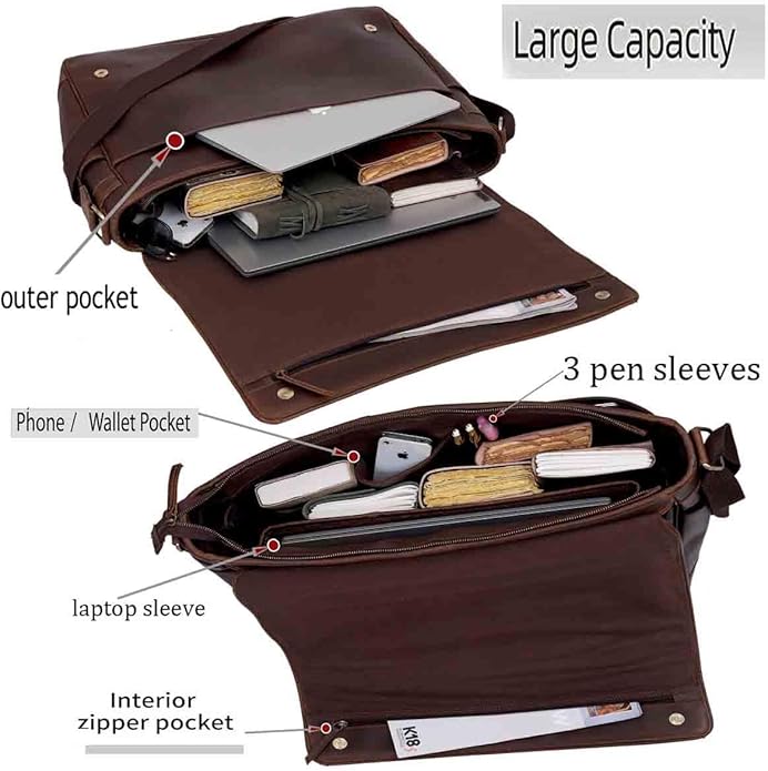 Leather Farm Messenger Bag for Men & Women 15.6 Inch – Premium Vintage Handmade Laptop Briefcase Satchel, Mens Shoulder Crossbody, Genuine Leather Computer Bag with Adjustable Strap Brown