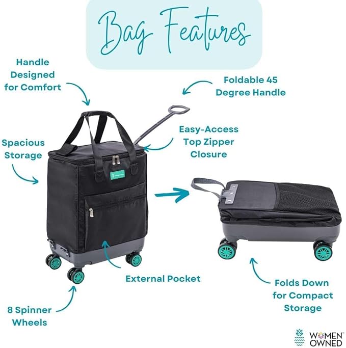Handy Sandy Haul-It Foldable Rolling Tote – Patented Heavy-Duty Utility Bag with 8 Spinner Wheels, – Reusable Grocery Cart, Laundry Carrier, Travel Tote, Commuter Bag for Shopping & More- Green