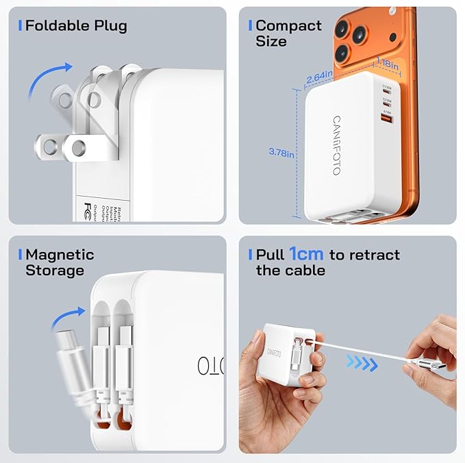 5-in-1 Retractable Wall Charger with Dual Cables, 50W Retractable Phone Charger with Dual 3.3FT USB C Cables, 30W Fast Charging Block Wall Plug for iPhone 17 16 15 Pro Max, G-alaxy S26 S25, i Pad