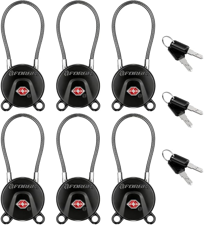 Forge TSA Approved Luggage Locks Ultra-Secure Dimple Key Cable Locks for Travel with Zinc Alloy Body- 6 Black Locks