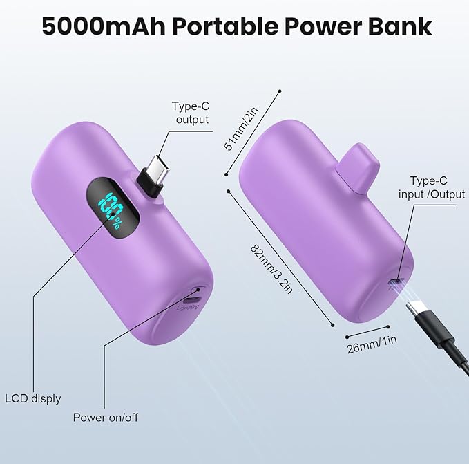 Mini Portable Charger USB C Power Bank,Upgraded 5000mAh PD Fast Charging Battery Pack Built-in USB-C Connector Travel Essential for iPhone17/17Pro/17Pro Max/Air/16 Plus/16Pro Max/15 Series,Android etc
