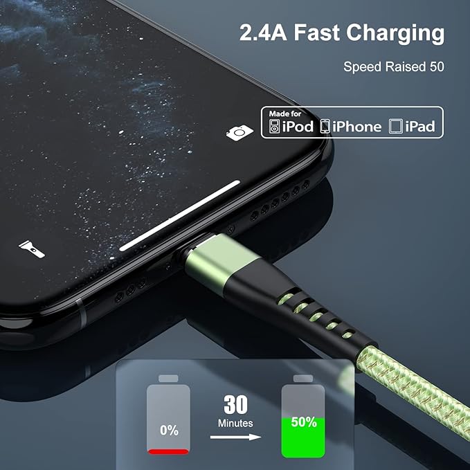 Essri 2Pack for iPhone Charger Cord 1FT, Lighting Cable 1 Feet to USB Charging Cable, Nylon Braided Charging Cord 1 Foot Compatible with iPhone 14 13 12 11 X XS XR 15 Pad - Light Green