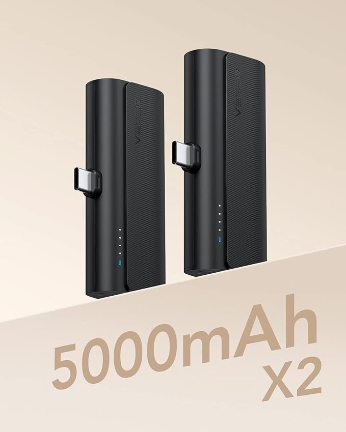 VEGER 2 Packs of Small USB C Portable Chargers, 5000mAh Power Bank Fast Charge Travel Essentials Battery Pack Compatible for iPhone 17/Air/17 Pro/17 Pro Max, Samsung Galaxy S25/S24/Android