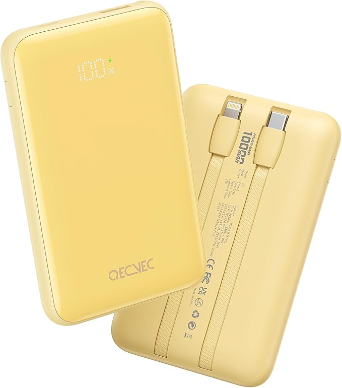 Portable Charger 10000mAh, Cell Phone Portable Power Banks with 22.5W PD Fast Charging, Compact Phone Charger Built in Cable, Compatible with Apple, Samsung, Google, Motorola and More-Yellow