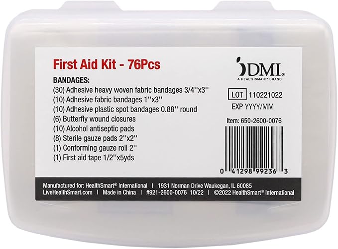 DMI 76-Piece First-Aid Kit, Portable All-Purpose Use for Minor Cuts and Scrapes, Durable Water-Resistant Case, Convenient and Portable for Travel