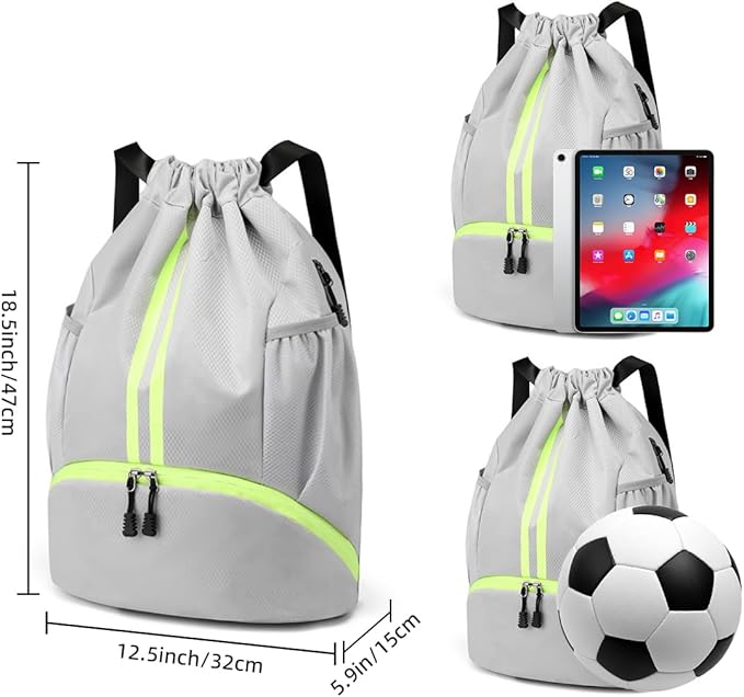 Valleycomfy Sports Drawstring Backpack - Water Resistant String Bag with Side Mesh Pockets Shoe Compartment Gym Backpack for Women & Men Grey