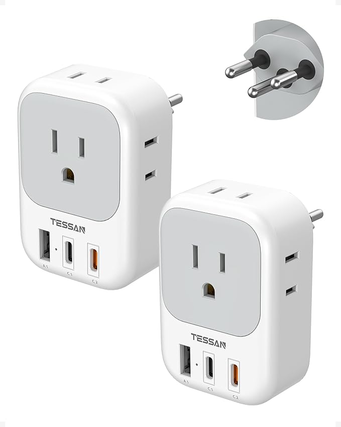 TESSAN Switzerland Travel Plug Adapter PD 20W, 2 Pack Type J Switzerland Power Adapter with 4 Outlets 3 USB (2 USB-C), Swiss Plug for US to Rwanda Jordan Liechtenstein Madagascar, Travel Essentials