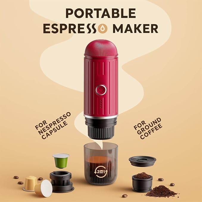 Portable Espresso Machine with 3-4 Min Self-heating, 7800mAh Rechargeable Electric Coffee Machine 19 Bar Compatible with NS Capsules and Ground Coffee (Red)