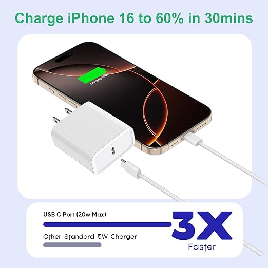 iPhone 16 15 Charger Fast Charging,3Pack 20W Fast Charging USB C Charger with 10Foot Long Type C to C Cable Cord TypeC Block Brick for iPhone 17/16e/16/16Pro/16 Plus/16 ProMax/15 Pro,iPad Air/Pro/Mini