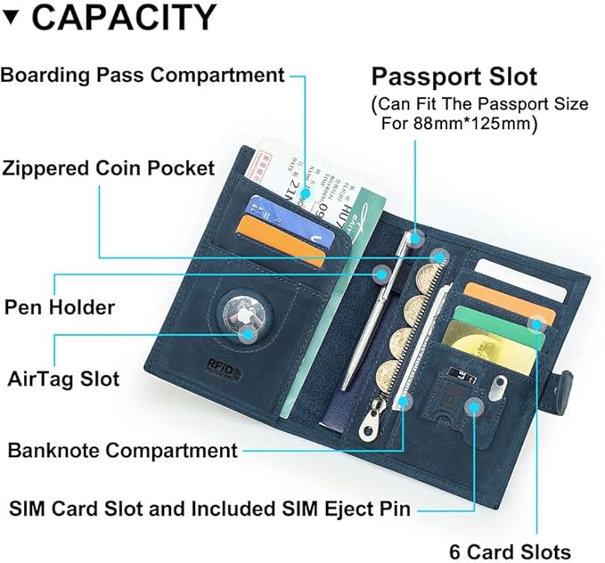 CONTACTS Full Grain Leather Passport Holder Compatible with Airtag RFID Blocking Passport Wallet Travel Slim Passport Cover with SIM Card Removal Tool (Blue)