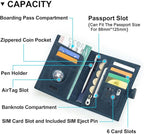 CONTACTS Full Grain Leather Passport Holder Compatible with Airtag RFID Blocking Passport Wallet Travel Slim Passport Cover with SIM Card Removal Tool (Bagde, Blue)