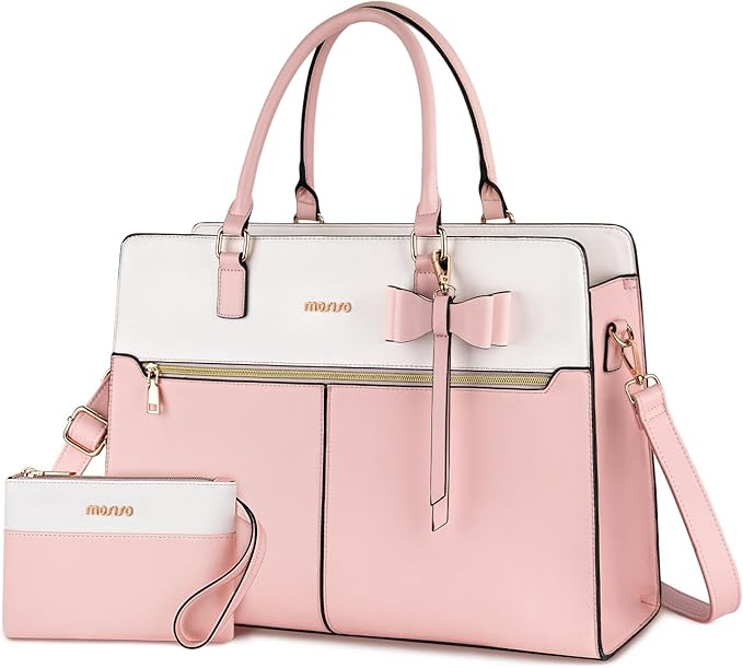 MOSISO Laptop Tote Bag for Women, 15.6 inch Waterproof PU Leather Work Bag with Clutch Purse & Bowknot, Large Capacity Handbag Shoulder Computer Bags Work Briefcase for Business Teacher Office, Pink
