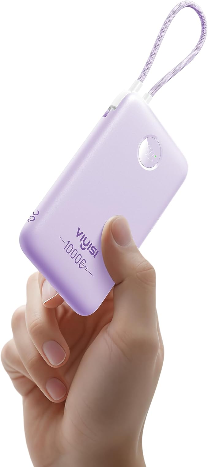 VIYISI Slim Portable Charger Power Bank 10000mAh, PD 20W Fast Charging Compact Battery Pack with Built-in USB C Cable, Travel Essential Compatible with iPhone 17 16 15, Samsung, Android - Purple