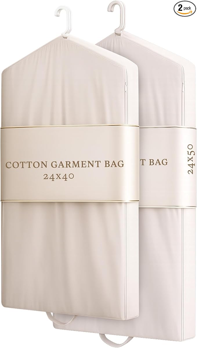 Luxury Cotton Garment Storage Bags, Medium and Large, Breathable Washable Reusable, for Hanging Clothes, Dresses, Jackets, Suits, Fits 3 Hangers, Zipper Window (2, 24x40 and 24x50)