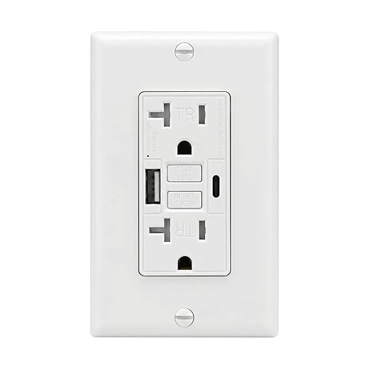 20 Amp GFCI Outlet with USB-A & USB-C Ports, Tamper-Resistant Receptacle, Automatic Self-Test & LED Indicator, in-Wall Installation, Wall Plate Included, ETL Listed, White, 1 Pack