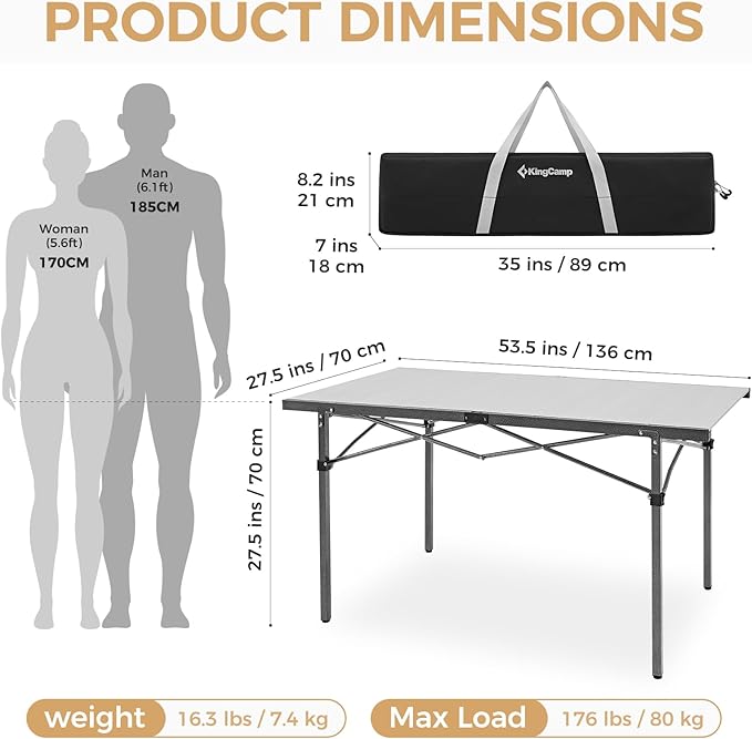 KingCamp Aluminum Camping Table Foldable, Large 53.5" Roll Up Camp Table Folding Seamless Tabletop Heavy Duty Duck Hunting Camping Tables Metal Portable Outdoor Collapsible for RV BBQ Picnic Hunting