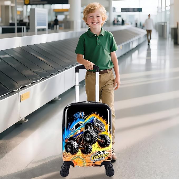 5Pcs Kids Suitcase Set for Boys, 16.5" Hardside Luggage with Spinner Wheels, Truck Travel Carry on Luggage Airline Approved (Black)