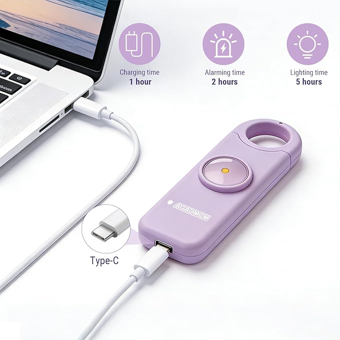 Rechargeable Personal Safety Alarm, 130dB Emergency Siren with LED Flashlight, Portable Keychain for Women, Kids, Elderly, Night Running & Travel (Lavender Purple)