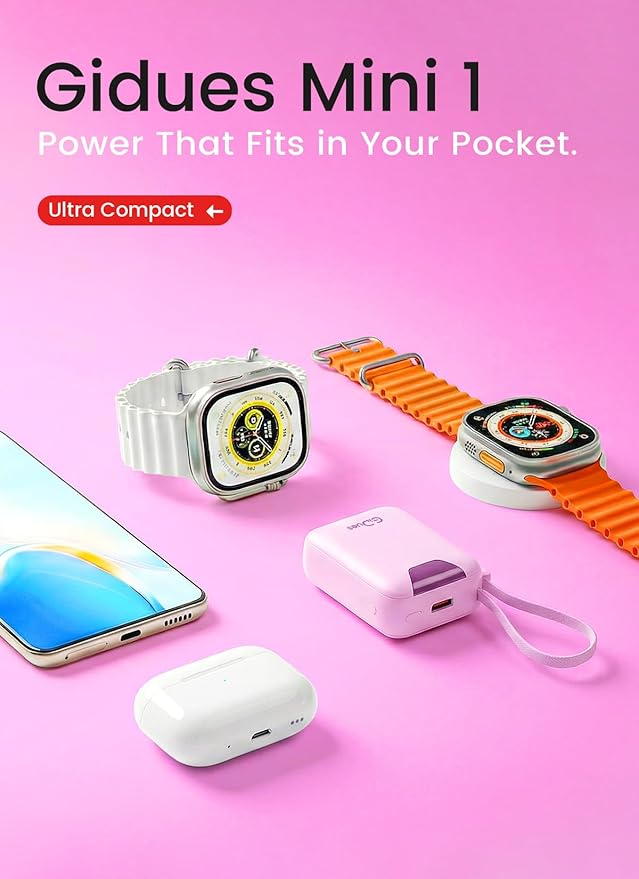 M1 Mini Portable Charger, 10000mAh Ultra-Compact Power Bank, 22.5W PD Fast Charging, Tpye-C Built-in Cable, Small External Battery Pack for iPhone, Samsung, Android iPad (Pink)
