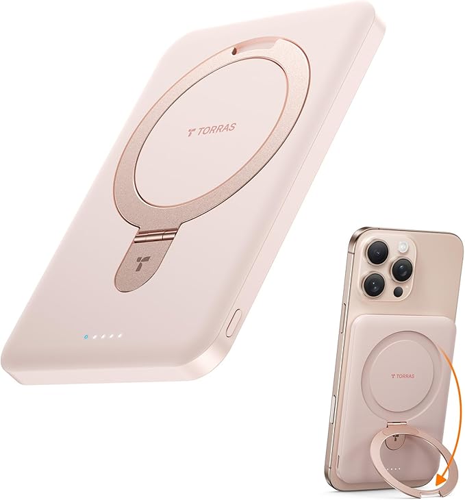TORRAS 0.45" Slim Magnetic Portable Charger Power Bank for iPhone 5000 mAh 22.5W PD Fast Charging Wireless Battery Pack O-Stand Compatible with Magsafe Rose Gold+White