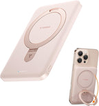 TORRAS 0.45" Slim Magnetic Portable Charger Power Bank for iPhone 5000 mAh 22.5W PD Fast Charging Wireless Battery Pack O-Stand Compatible with Magsafe Rose Gold+White