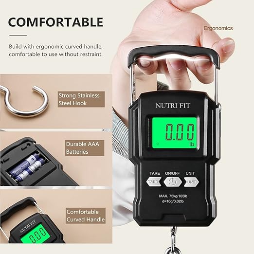 NUTRI FIT Luggage Weight Scale Fish Weighing Scales Digital Handheld Suitcase Weigher with Hook, 165lb/75kg with Measuring Tape for Travel, Fishing, Gifts