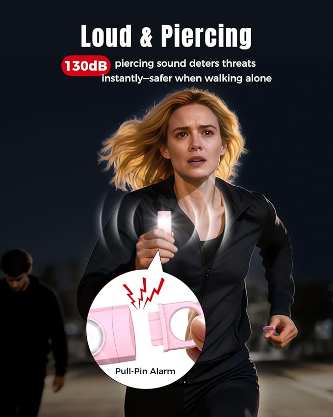 ESSAGER Personal Safety Alarm for Women, 130 dB Self Defense Siren, Rechargeable & Portable with Keychain and Carabiner, Low Battery Notice, LED Strobe Light for Kids, Seniors, College Students(Pink)