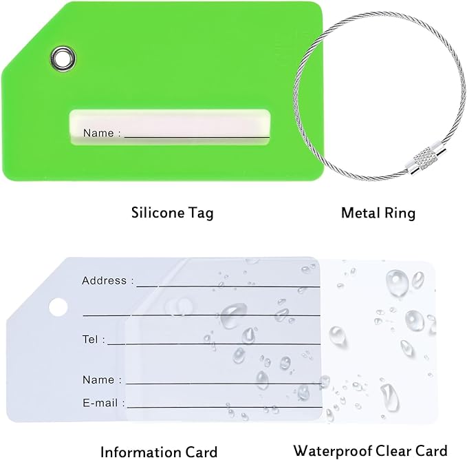 8 Pack Silicone Luggage Tag for Suitcases with Stainless Loop, TSA Approved, Privacy Protection Travel Essentials Bag Tags by Gostwo, Green