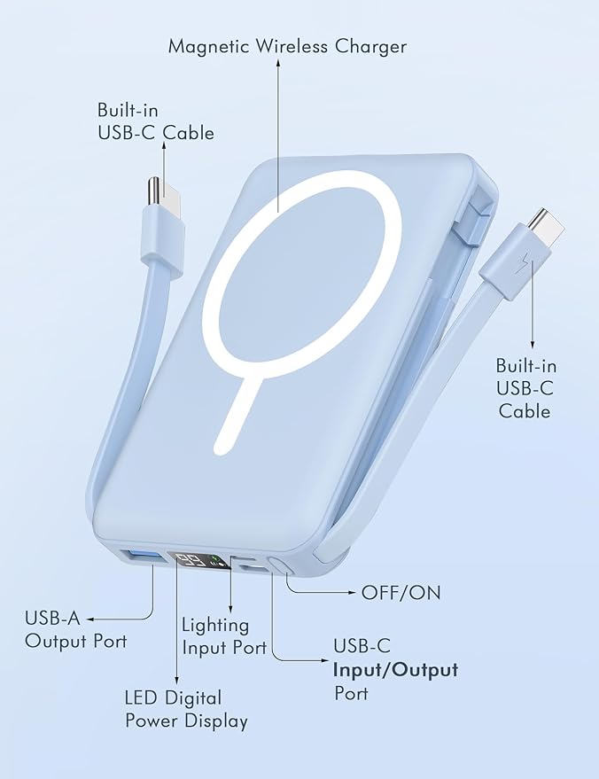 podoru for Magsafe Battery Pack, 10000mAh Magnetic Power Bank Built-in Double USB C Cables 20W PD Fast Charging LED Display Wireless Portable Charger for iPhone 17/16/15/14/13/12 Series-Sierra Blue