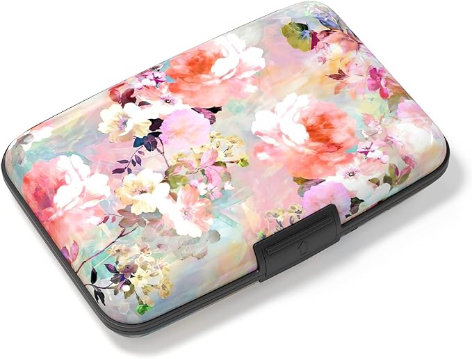 Credit Card Holder, Mini Aluminum Card Wallet RFID Blocking Slim Metal Hard Card Case for Women Men, Pink Flowers