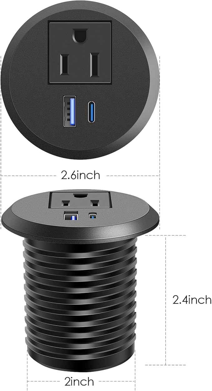 Desktop Power Grommet, 2 inch, USB C PD 20W Fast Charging Station, Desk Hole Outlet,ETL Listed (2, 6 FT Cable)
