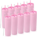 Volhoply 20oz Plastic Skinny Tumblers Bulk 10 Pack,Double Wall Tumbler with Lid and Straw,BPA Free Matte Acrylic Iced Coffee Cups with Straw,Reusable Travel Cute Mug for Party,DIY Gift(Pink, 10 Set)