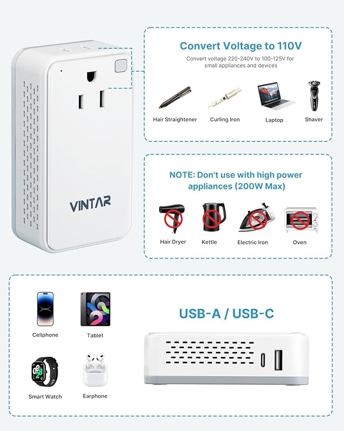 Mini 220V to 110V Converter for European Travel, VINTAR 200W Universal Travel Adapter Voltage Converter US to Europe, International Step Down Power Converter Adapter Combo for EU UK AUS India
