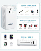 Mini 220V to 110V Converter for European Travel, VINTAR 200W Universal Travel Adapter Voltage Converter US to Europe, International Step Down Power Converter Adapter Combo for EU UK AUS India