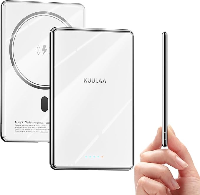 Kuulaa Power Bank Ultra Slim, 0.28 in MagSafe PowerBank 5000 mAh, PD20W Small Power Bank, Magnetic Wireless External Mobile Phone Batteries for iPhone 16 Pro/15/14/13/12 Series (White)