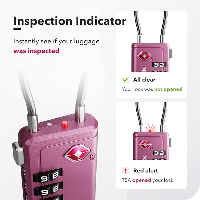 Luggage Locks TSA Approved with Inspection Indicator and Resettable 4-Digit, Easy-to-Read Combination, TSA Locks for Luggage, Suitcases, Backpacks & Travel Bags, Purple, 2-Pack