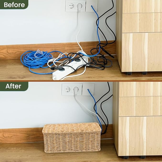 Cable Management Box, Handmade Rattan Cable Organizer with 2 Open Slots, Cord Hider for Power Strip, Router & USB Hub, Registered U.S. Design Patent (D1,112,102), 13" x 5.1" x 5.1", Natural