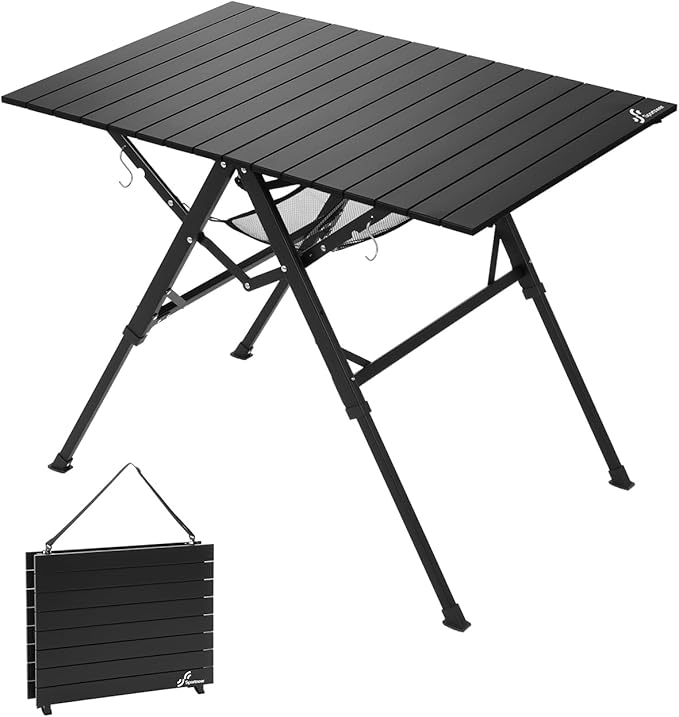 Sportneer Camping Table Folding Table, Bi-Fold Portable with Fast Open Design, Adjustable Height 16.5-27.6", 35.4"x23.6" Lightweight Aluminum Tabletop, Handle & Shoulder Strap for Outdoor Picnic