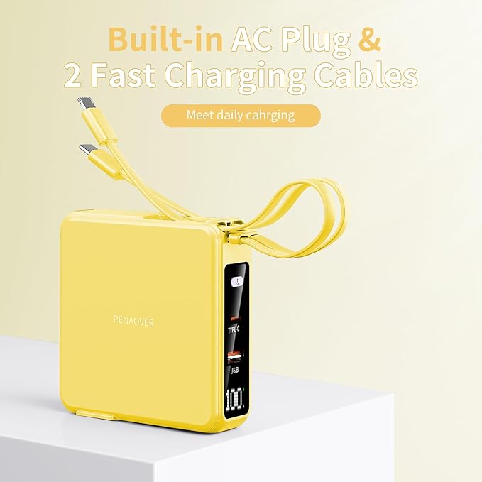 Wireless Charging Portable Charger with Built-in Cables & AC Wall Plug, 10000mAh Power Bank with LED light, PD 22.5W Fast Charging Travel Portable Charger for iPhone, Samsung, Android(No-Magnetic)